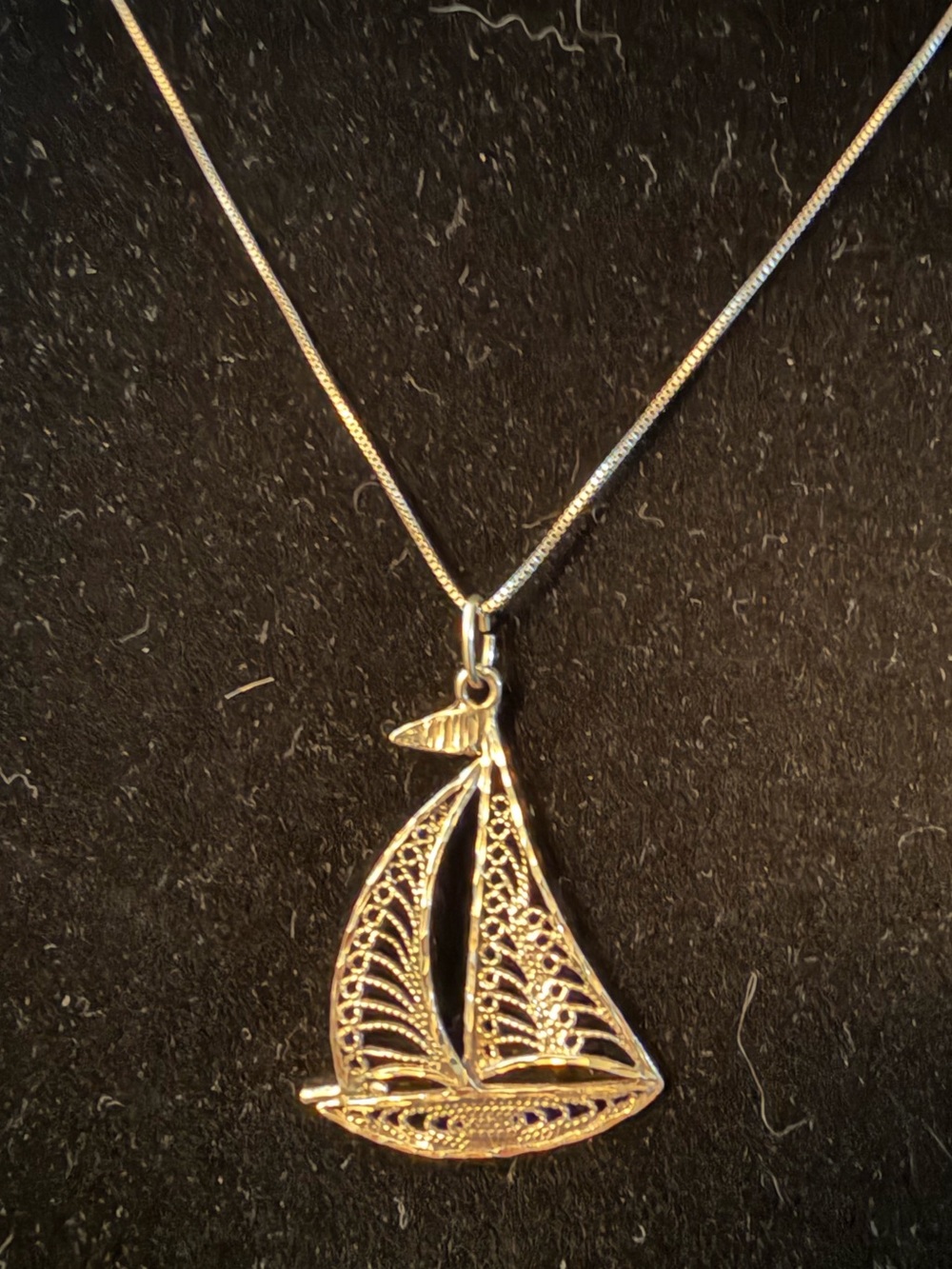 14k white gold filigree Sailboat pendant on a sterling silver chain